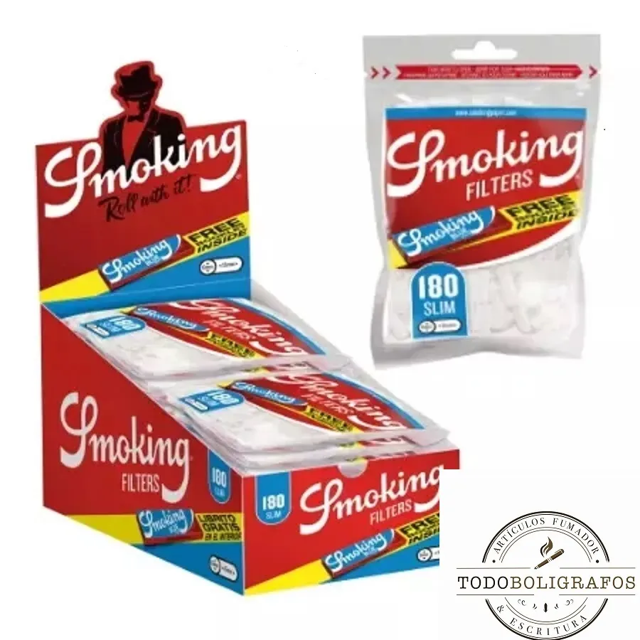 Filtros Smoking slim 180 + librito Smoking azul - caja de 30 bolsas .