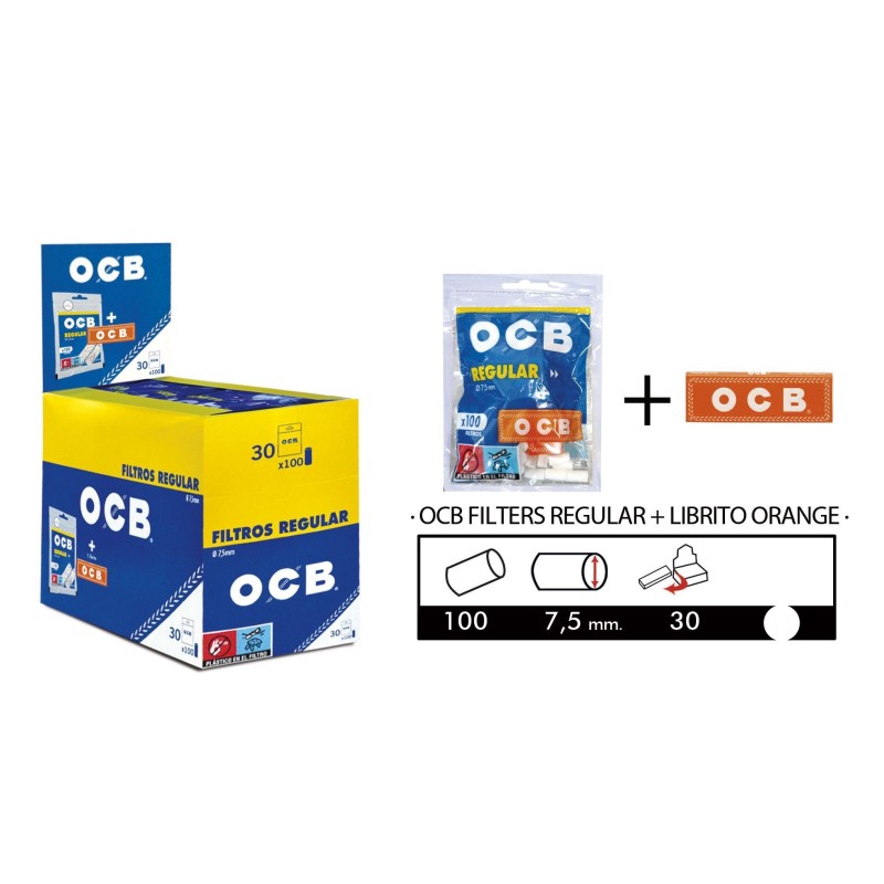 Filtros OCB Regular. 7,5mms. tamaño medio   + 1 librito Papel Ocb Naranja dentro de cada bolsa. caja completa.