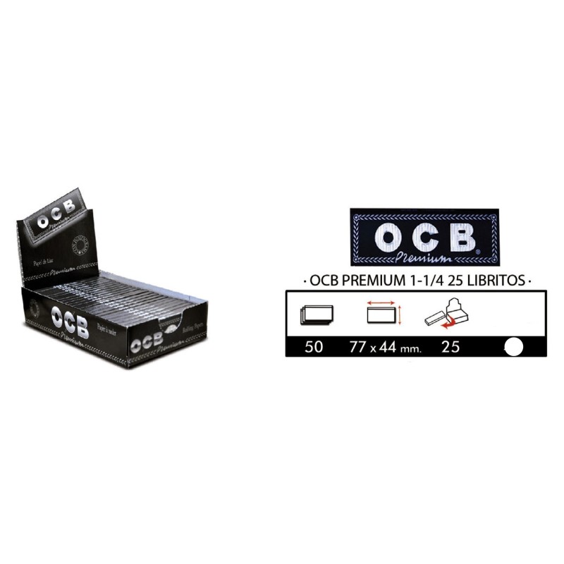 Papel Ocb Premiun  1 1/4 - 77x44mms . caja de 25 libritos.