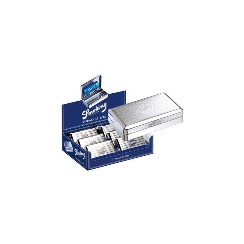 Caja con 6 tabaqueras Smoking + 1 librito Smoking azul dentro de cada una.