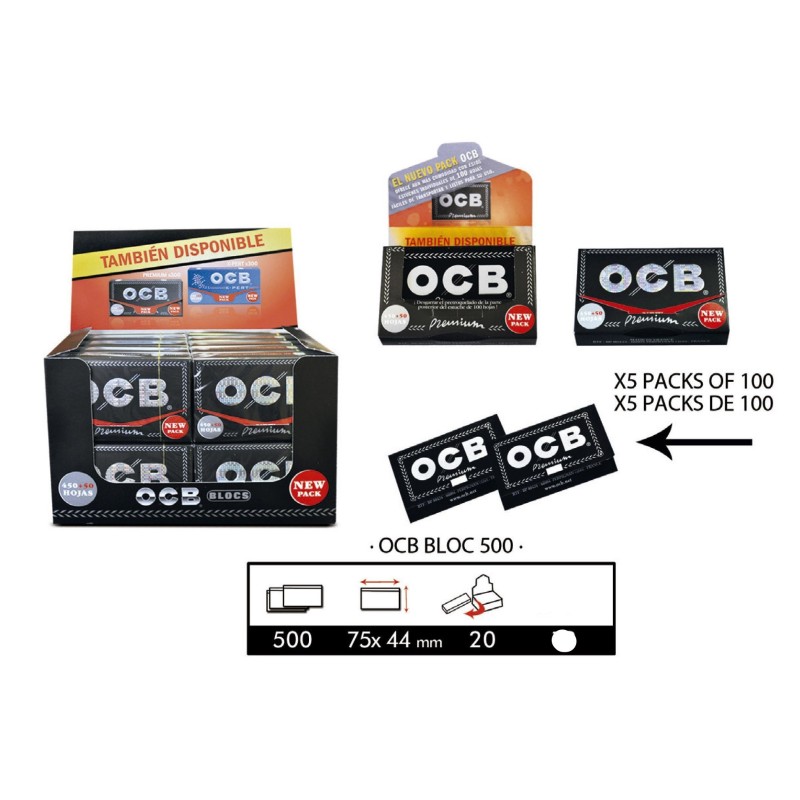OCB Premiun 500.  20 block. papel de liar  tamaño medio 1 1/4. 77x44mms.
