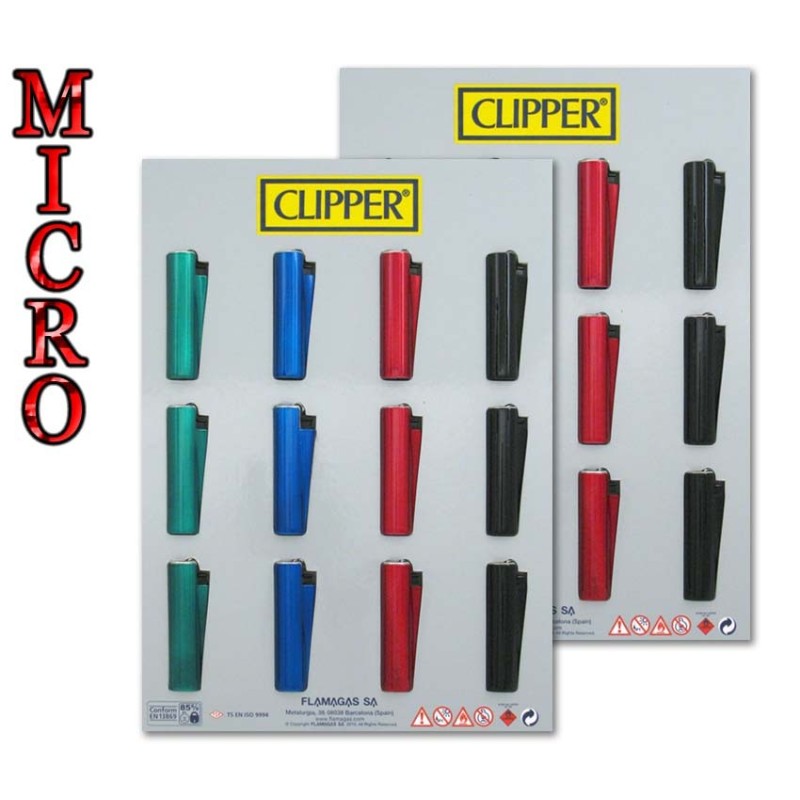 24 fundas Clipper de colores. En expositor. Mechero clipper micro con funda de metal
