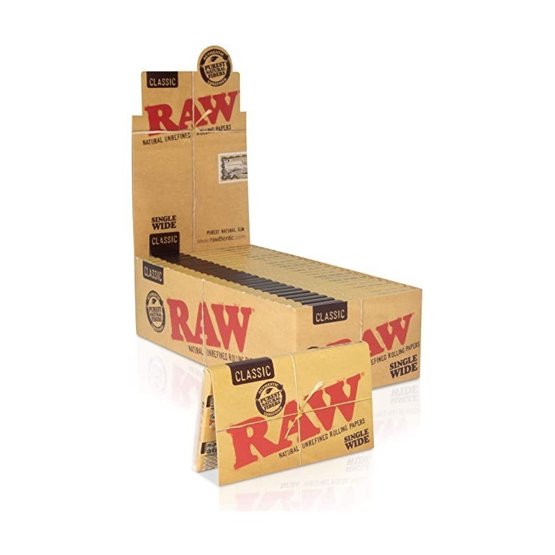Raw doble regular, caja de 25 libritos . Tamaño corto. Papel natural.
