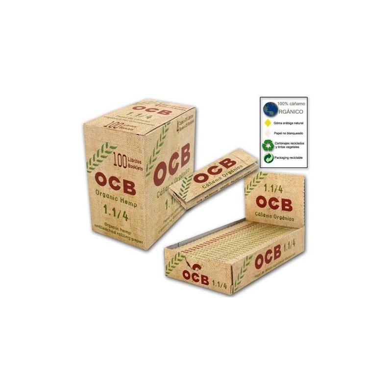 Papel Ocb organico de cañamo . caja de 25 libritos tamaño medio 1 1/4 - 77x44mms.