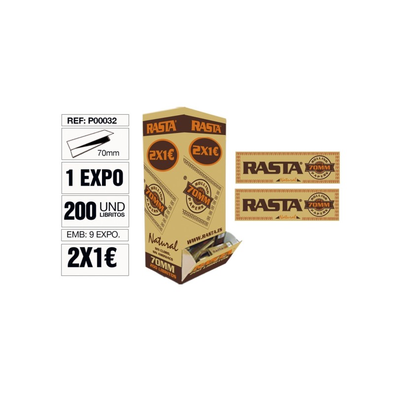 1 caja de Papel de Liar Rasta Natural papel corto 70 mms. caja expositora de 200 libritos.