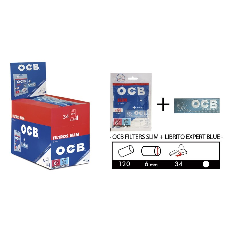 Filtros OCB Slim 6mm.+ Papel OCB Azul dentro de cada bolsa.1 caja de 34 Bolsas