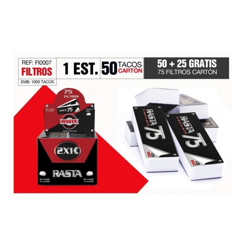 1 caja de 50  Filtros Rasta tips cartón ,  filtros  enrollables - cada librito con 75 unidades.