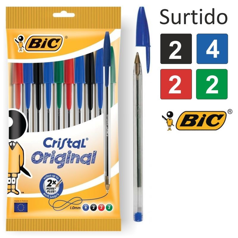 2 Bolsas  de  10 boligrafos Bic Cristal colores surtidos  , azul - negro - rojo - verde.