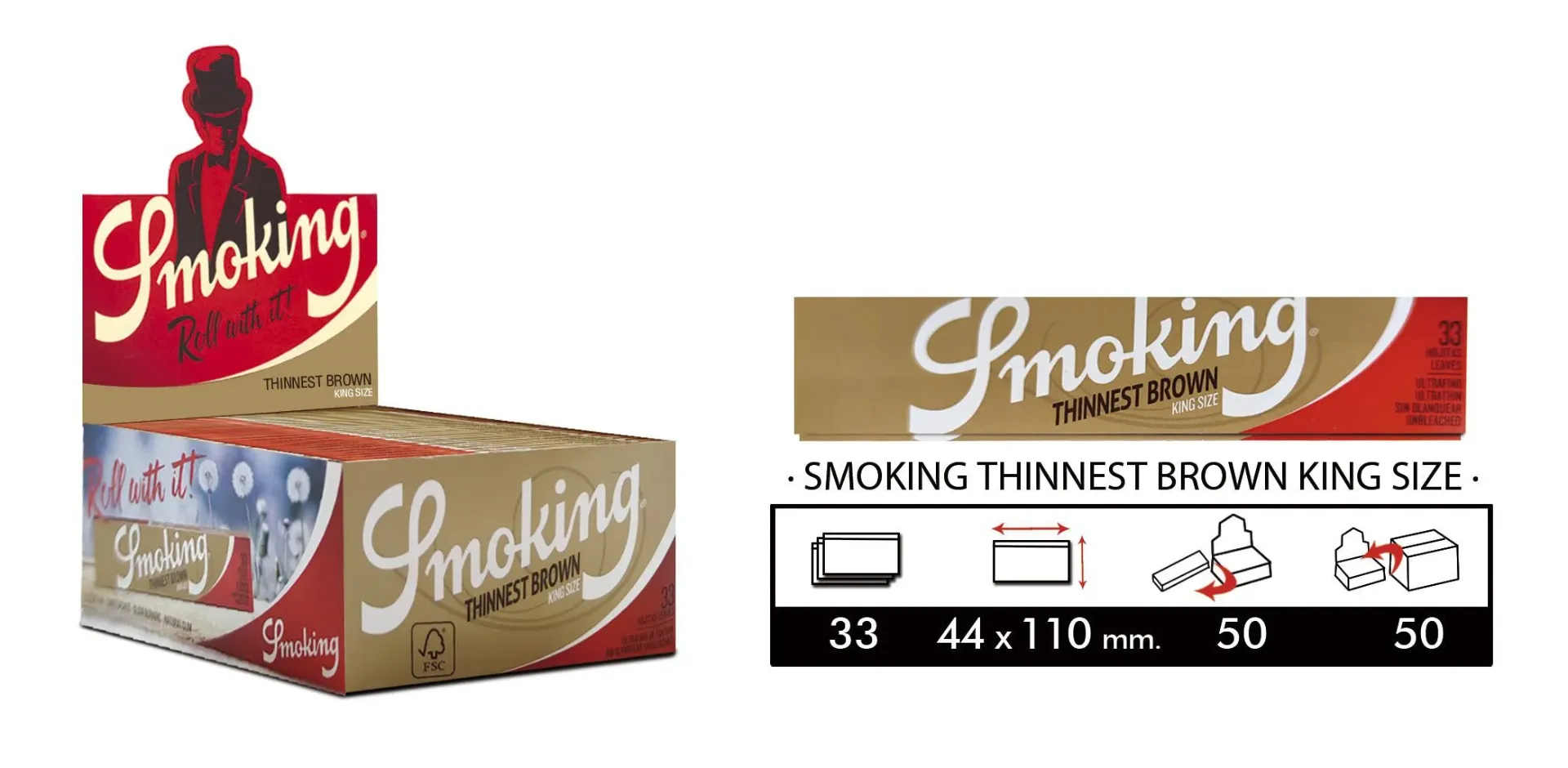 Smoking Thinnest brown slim king size. papel de liar largo  natural ultrafino -1 caja de 50 Libritos