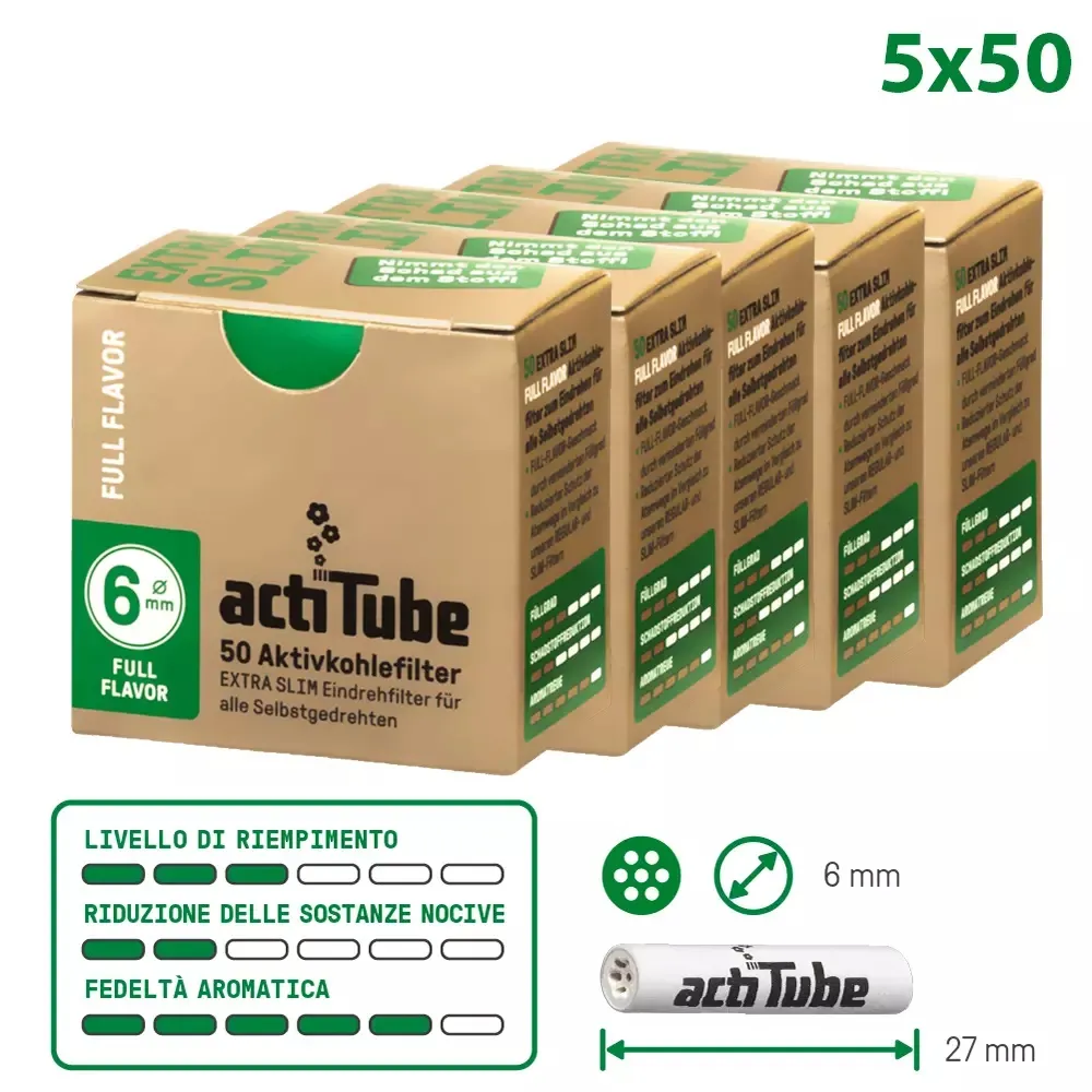 250 filtri - Actitube extra slim  6mm - Filtri al carbone attivoActitube  -250 filtros slim de carbon activado 6 mm