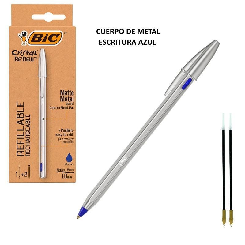 1 Boligrafo Bic renew  metal. tinta color azul + 2 recargas.