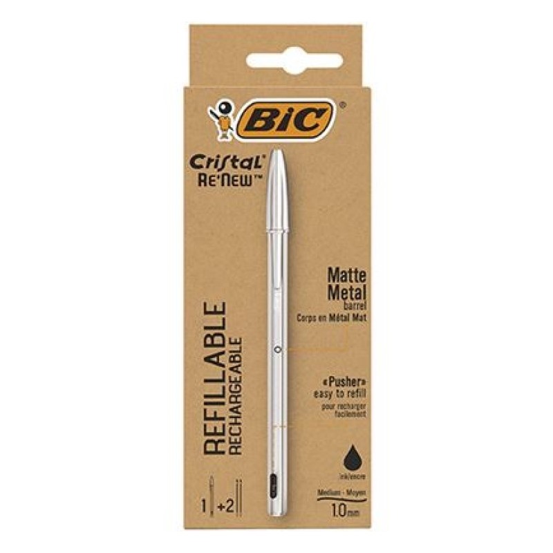 Boligrafo Bic Renew  metal tinta negra + 2 recargas.