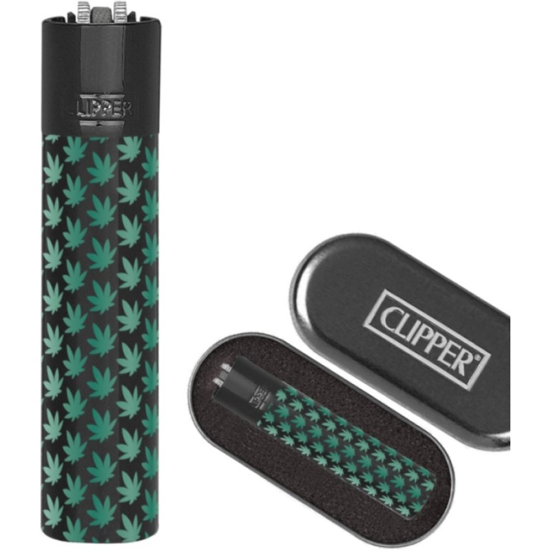 1 Mechero Clipper Acero. Mini hojas de maria. negro-verde en caja para regalo.