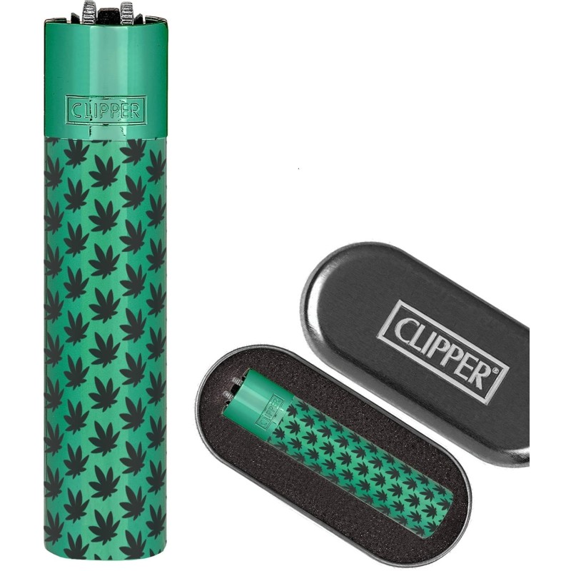 Clipper acero  mini leaves verde-negro en caja metalica para regalo.