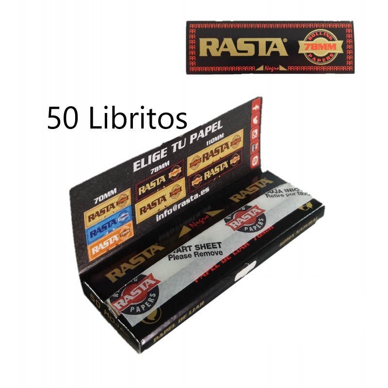 1 Caja de 50 libritos de Papel Rasta Negro 78mms. 1 1/4. OFERTA PAPEL TAMAÑO MEDIO BARATO