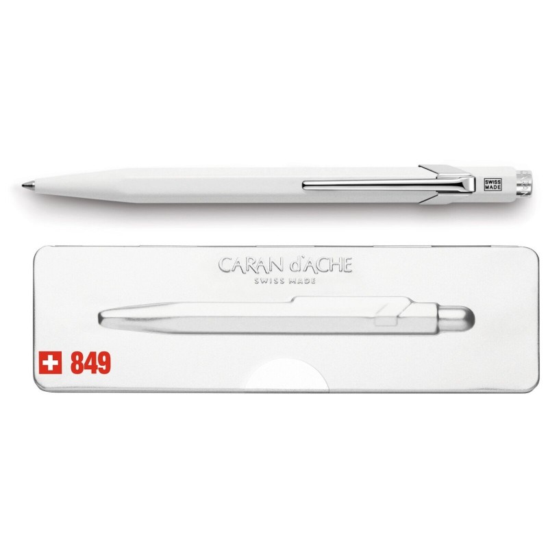 Boligrafo Caran D'ache, pop line 849 blanco en caja metalica.