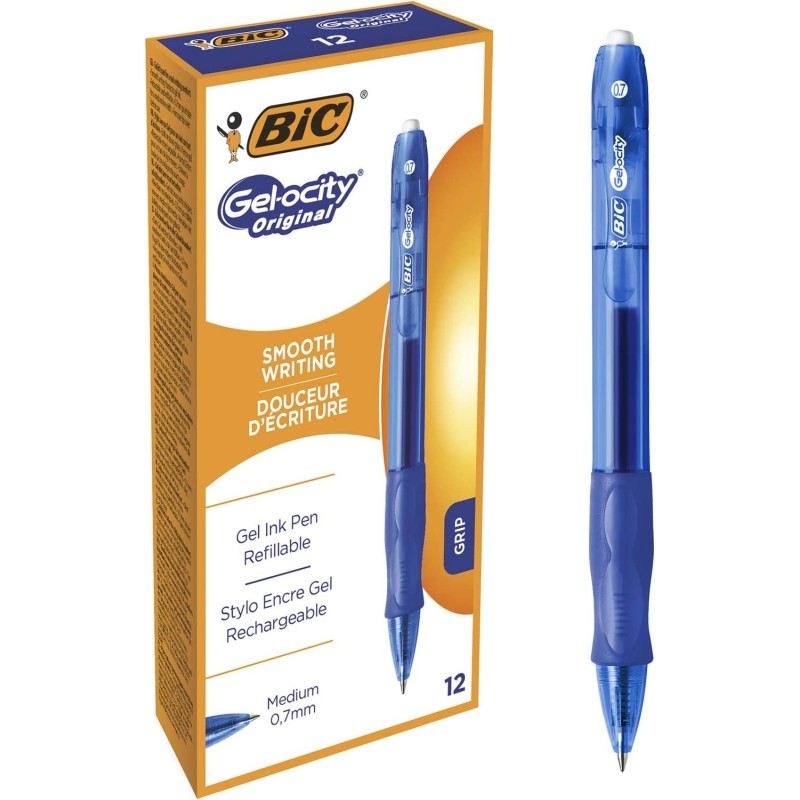 BIC Gel-ocity Original bolígrafos Retráctiles Gel punta media (0,7 mm) - Azul, Blíster de 12 unidades