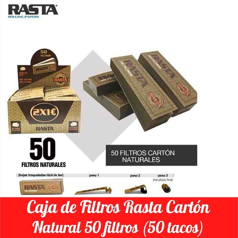 1 caja de 50 libritos de Filtros Rasta Tips de cartón. Natural.