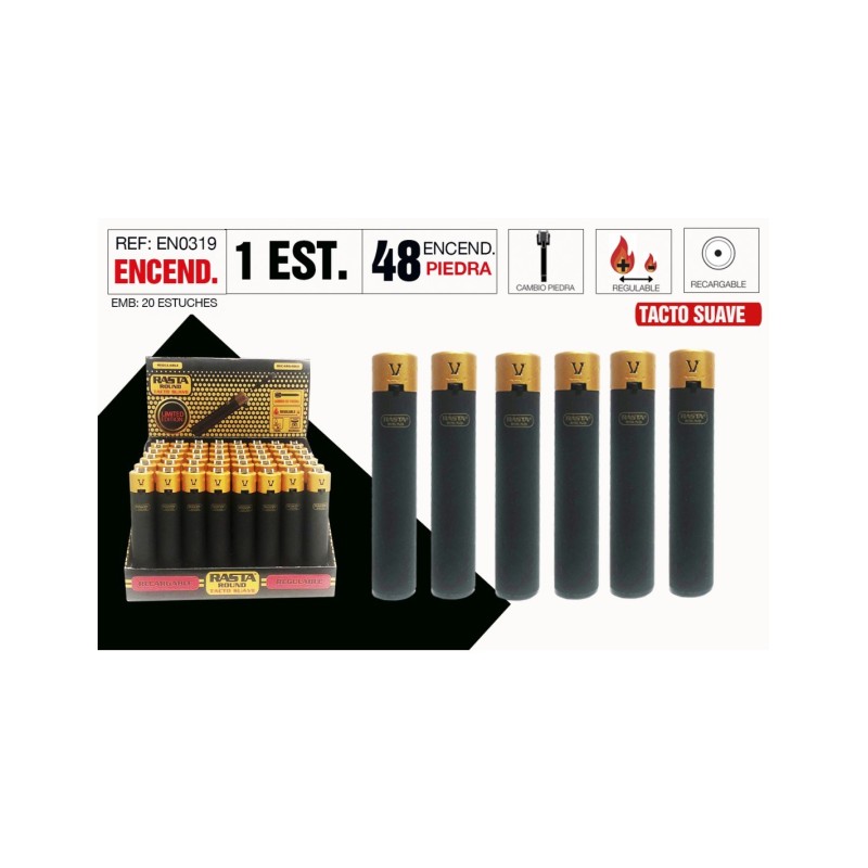 1 caja encendedores  Rasta Soft  Black /gold. 50 mecheros por caja.