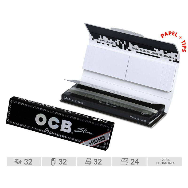 OCB SLIM KING SIZE + TIPS CONNOSIEUR .  Caja completa, 32 libritos + filtros cartón.