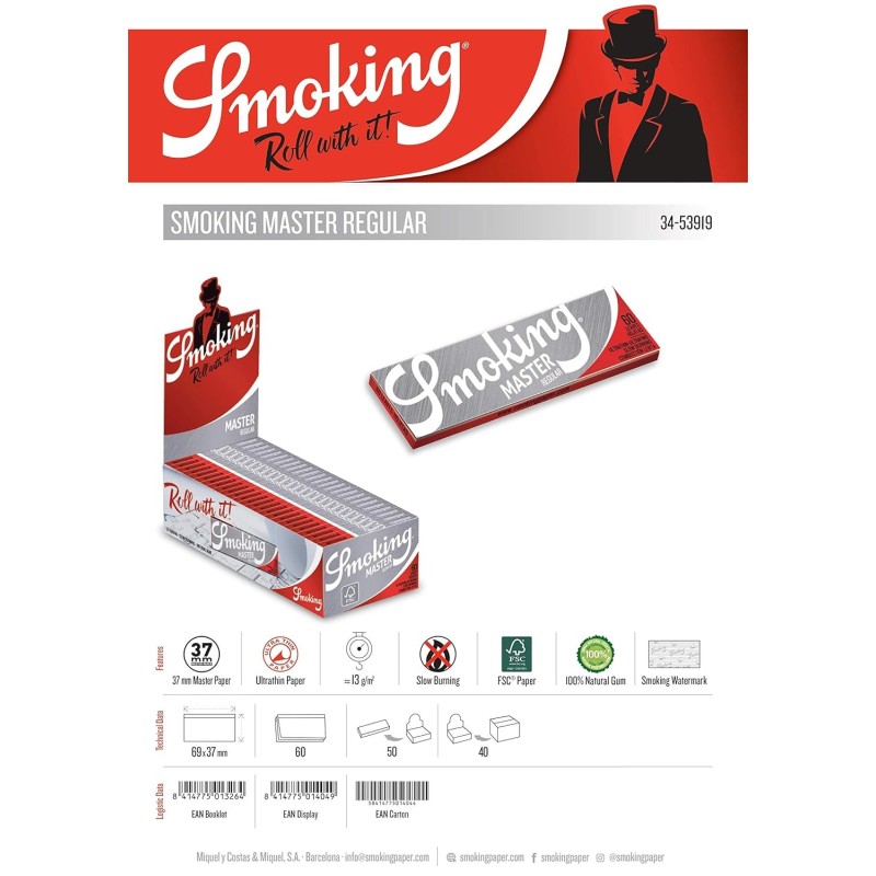 Papel Smoking Master Regular, caja de 50 libritos- Papel Corto y fino.