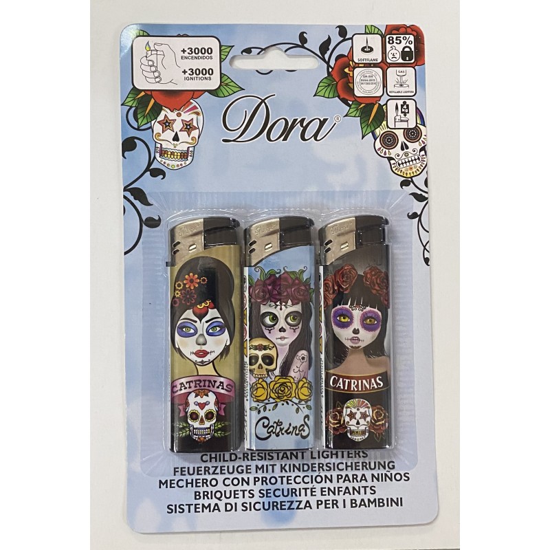 Blister de 3 mecheros   electronicos soft flame catrinas .
