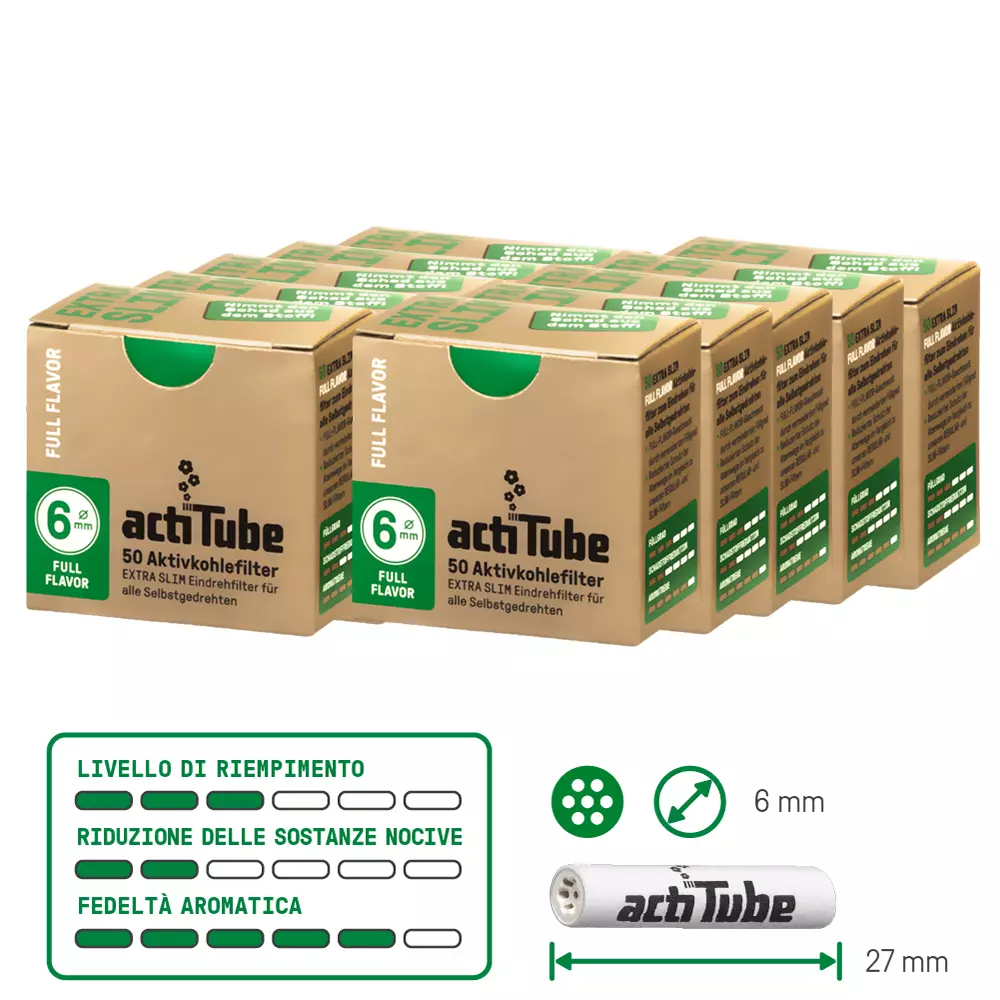 500 filtri - Actitube extra slim  6mm - Filtri al carbone attivoActitube  -500 filtros slim de carbon activado 6 mm