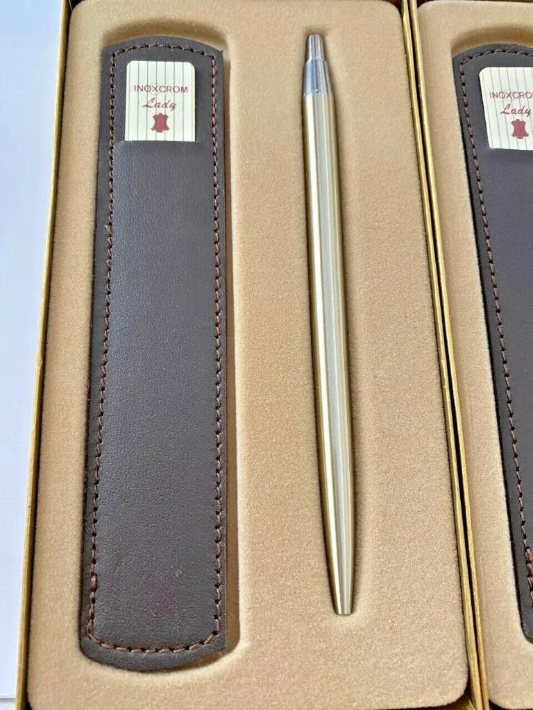 Antiguo Boligrafo Inoxcrom Lady champagne + funda cuero. Nuevo