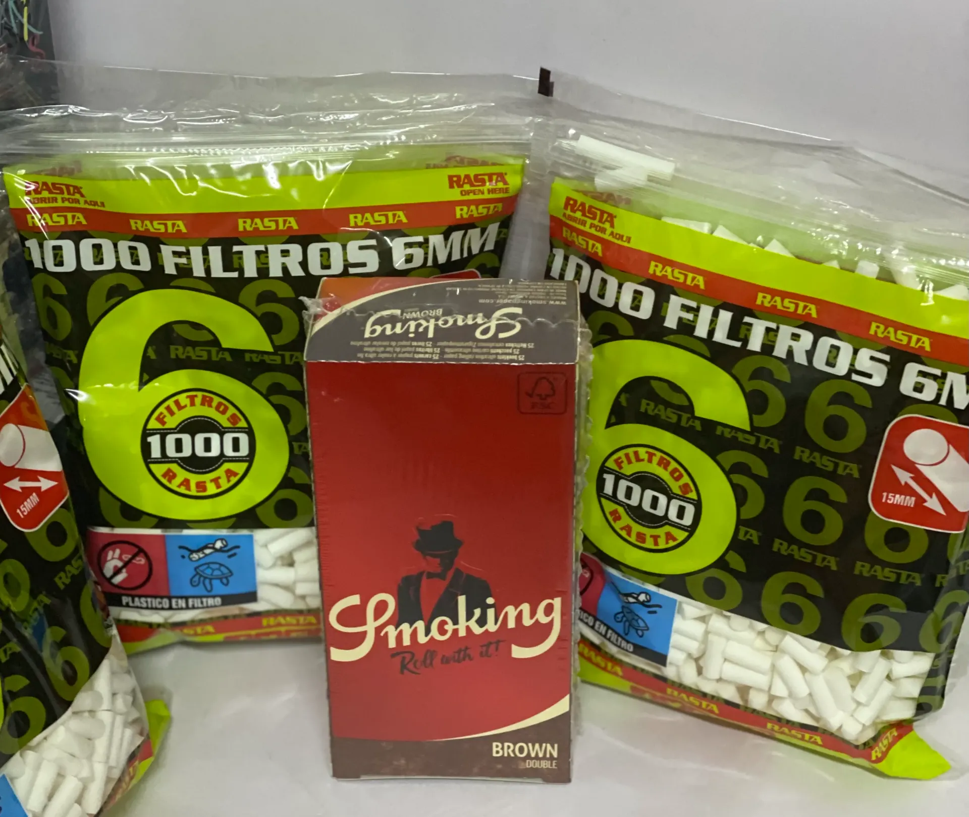 3000 Filtros Rasta slim de 6 mm + Smoking brown doble  caja completa de papel de liar natural.
