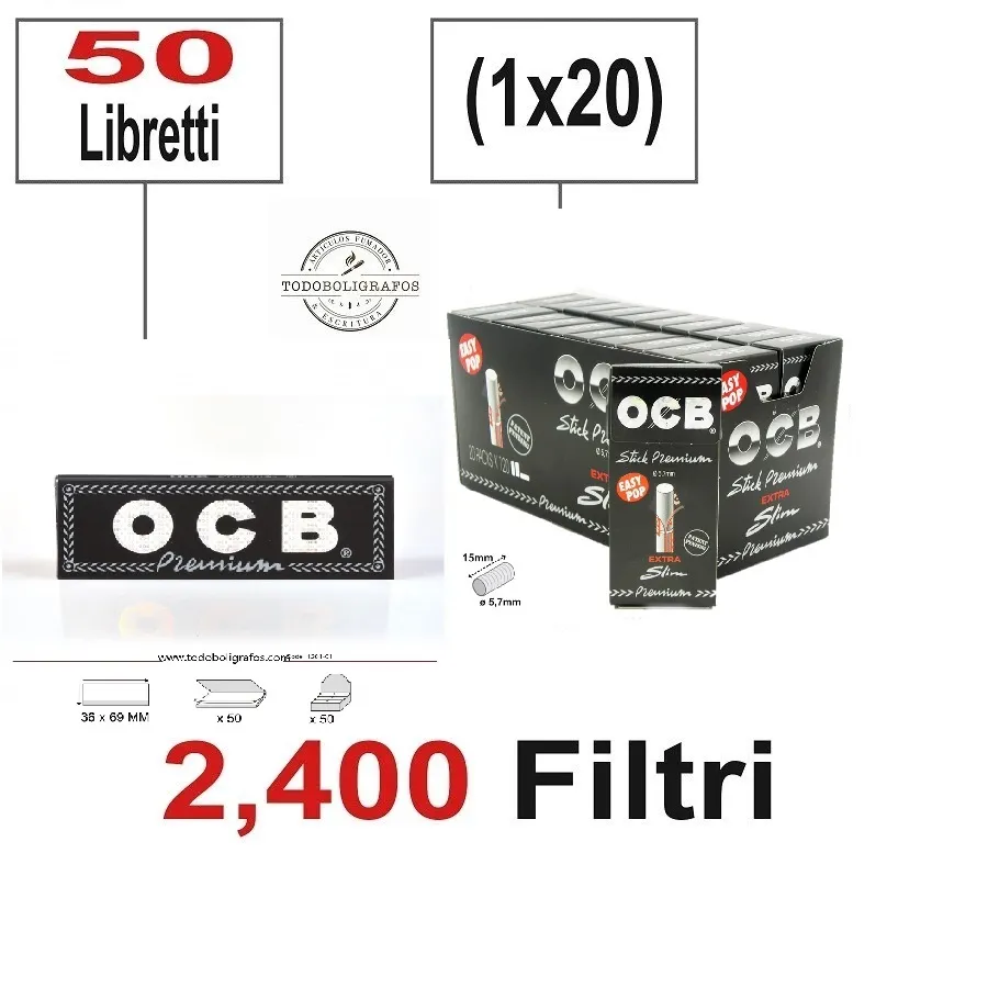 Papel Ocb premiun corto 50 libritos + Filtros Ocb stick Ultra slim 5, 7mm. 20 cajitas